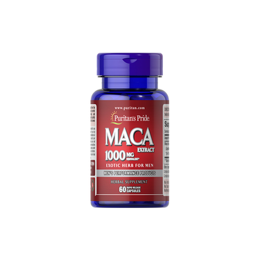 A blue bottle of Puritan's Pride Maca 1000 mg contains 60 rapid release capsules, known as Peruvian ginseng and labeled as exotic herbs for men.